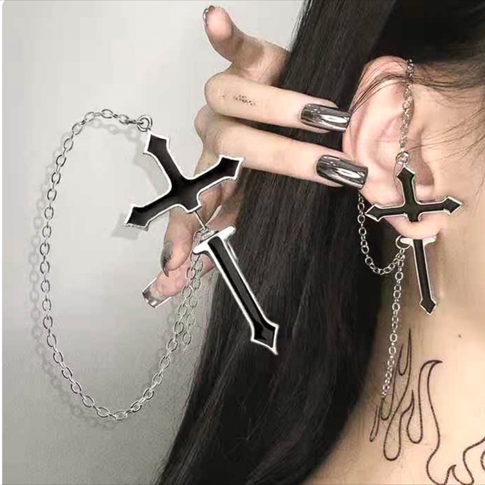 Silver/Black Crucifix Stud w/Matching Jacket Backs & Chain Earrings - Picture 1 of 6